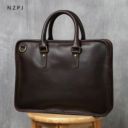 NZPJ Retro Mens Briefcase Leather Laptop Bag Top Layer Cowhide Casual Handbag 14 Inch Business Shoulder Bag Messenger Bag 240528