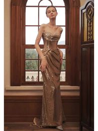 Sparkly gold Mermaid Evening Dresses Sleeveless V Neck Beaded Appliques Sequins Pearls Diamonds sweep train Prom Dresses Formal Gowns Plus Size Gowns Party Dress