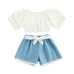 Clothing Sets 1-5Years 2 Pcs Infant Casual Outfits Girls Short Sleeve Round Neck Lace T-shirt Contrast Colour Shorts