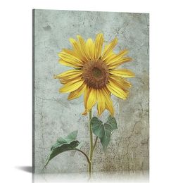 Canvas Print Wall Art Painting Retro Style Flowers Yellow Sunflowers Daisy on Wood Background, Country Style Giclee Stretched and Framed Artwork