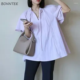 Women's Blouses Purple Women V-neck French Style Loose Vintage Folds Fashion Temperament Summer Casual Lazy Streetwear Ulzzang Tender