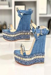 Ladies Wedding Party Sandals s Wedges Women Shoes 140mm Heels Wedge Soles Denim Sandals High Heel Shoes Blue3759531