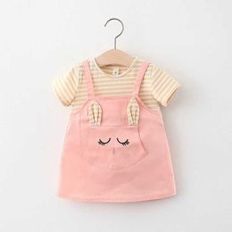 Girl's Dresses Summer Baby Cartoon Cat Dress Striped Short sleeved Top Hanging Princess 0-3 Year Old Girl Clothing H240527 PBRX