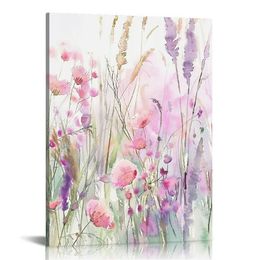 Flower Wall Art Colourful Botanical Decor Pink Wildflower Pictures Watercolour Canvas Prints Framed Painting for Kitchen Living Room Bedroom Bathroom