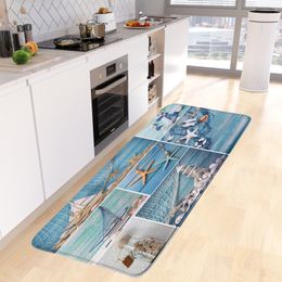 Creative Mediterranean Kitchen Floor Mat Set Starfish Sailboat Blue Wood Board Splicing Carpet Home Decor Non-Slip Rug Bath Mats