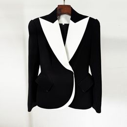 Vinatge 2024 Fashion Black Lapel Neck Long Sleeves Patchwork Covered Buttons Slim Fit Women Suit Jacket High End Coats 52825