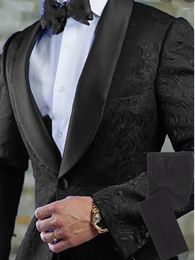 Men's Suits Groomsmen Black Pattern Groom Tuxedos Shawl Satin Lapel Men 2 Pieces Wedding Bridegroom ( Jacket Pants Bow Tie ) D300