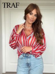 Women's Blouses Women 2024 Casual Red Striped V Neck Long Sleeve Shirts Woman Vintage Street Semi Sheer Chiffon Single Breasted