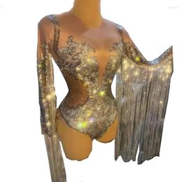 Stage Wear Sparkly Rhinestones Sequin Fringes Bodysuit Women Bodycon Club Dancer Tassel Leotard Party Show Dance Costume 232Y