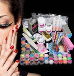 Whole 42 Acrylic Powder Liquid Nail Art Kit Glitter UV Gel Glue Tips Brush Set 20166486027