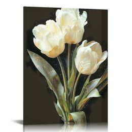 Black and White Canvas Wall Art Tulip Flower Picture Wall Art for Bedroom Elegant Floral Painting Modern Home Wall Decor Ready to Hang