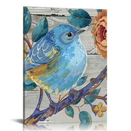 Blue Flower Bird Canvas Wall Art Abstract Birds on Tree Branch Animal Grey Artwork for Bedroom Bathroom Home Decor Stretched and Framed Ready to Hang