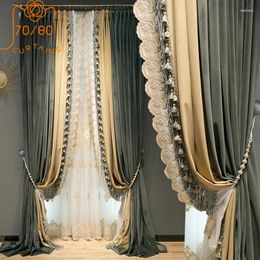 Curtain Vintage American Dark Green Velvet Splicing Thickened Blackout Curtains For Living Room Bedroom French Window Custom Screen