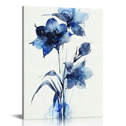 Blue Flower Canvas Wall Art Botanical Prints for Living Room, Bedroom, Bathroom Decor Floral Pictures for Home Decoration Each