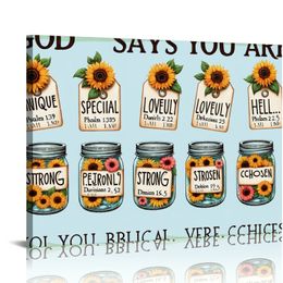 Inspirational Bible Verse Wall Art: God Says You Are Wall Sayings Sunflower in Mason Jar Picture Print Christian Gift Quotes Poster for Women Girl Bedroom Decor