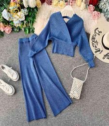 Elgant Fashion Women Shining Knitted Two Pieces Set Autumn Winter V Neck Bat Sleeve Sweater Top Elastic Wide Leg Long Pants 21052278841