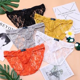 Underpants Men Briefs Sexy Flower Lace Transparent Underwear Mesh Breathable Tanga String Homme Bikini Calzoncillo Hombre Slip Gay Panties