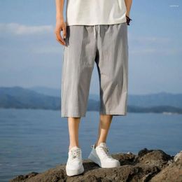Men's Pants Men Summer Loose Side Pockets Drawstring Elastic Waist Solid Color Gym Training Jogging Sweatpants Cropped Trousers
