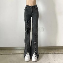 Women's Jeans S-4XL Design Lace Up Flared Women High Wait Slim Thin Wide Leg Trousers Ladies Denim Pants