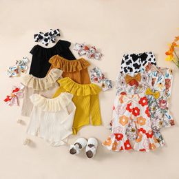 Clothing Sets 0-18M Baby Girls Autumn 3Pcs Outfit Solid Color Long Sleeve Romper Floral/Cow Print Flared Pants Headband