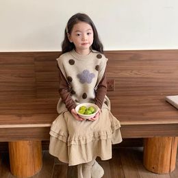 Clothing Sets Korean Casual Vest Top Autumn Vintage Knit Flower Polka Dot Undershirt Skirt Set Children Baby Girls