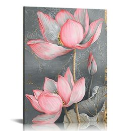 Różowe kwiaty lotosu płócienne sztuka ścienna elegancka Water Lily Floral Maluts Drukuje gra w stylu azjatyckim do salonu w łazience sypialnia dekoracja ścienna
