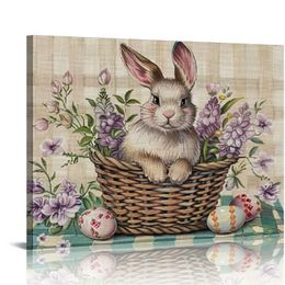 Easter Bunny Wall Art For Living Room/Bedroom, Canvas Bathroom Decor Wall Art Kitchen Office Framed Wood Picture, Retro Watercolour Flowers Egg Plaid Purple
