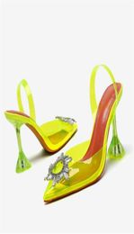 Dress Shoes Fashion Green PVC Women Sandals 7CM High Heels Pointed Toe Crystal Pumps Woman Clear Sandalias Mujer1547743