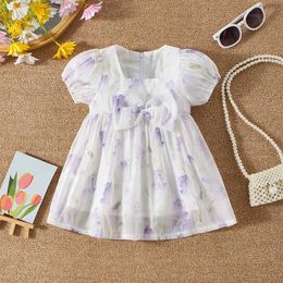 Girl's Dresses Summer New Baby Girls Dress Bubble Sleeve Square Collar Bow Tulip Hand Painted Wind Sweet Princess Birthday Party H240527 DXQ9