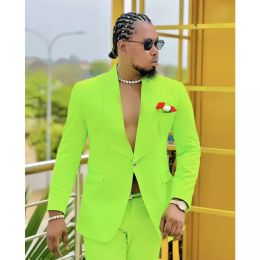 Summer Beach Fluorescent Green Men Suits Wedding Groom Blazer Traje Hombre Terno Masculino Daily Wear 2 Pieces Jacket Pant