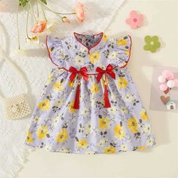 Girl's Dresses Baby GirlS Dress New Summer Beautiful Korean Version Flower Bow Cotton Fabric nese Style Qipao H240527 8Q28