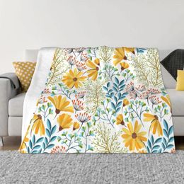 Blankets Yellow Flowers Floral Blue Leaves Blanket Flannel Decoration Portable Home Bedspread