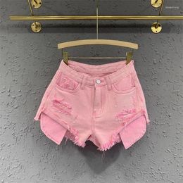 Women's Shorts Pink Distressed Denim For European Station 2024 Spring High Waisted Slimming A-line Wide Leg Pants Trend