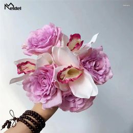 Decorative Flowers Meldel Artificial Flower Bouquet Silk Rose Orchid Fake Girl Purple Pink DIY Home Party Decoration Wedding Supply