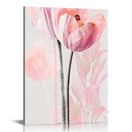 Floral Canvas Wall Art Pink Tulip Wall Decor, Pink Flower Painting Living Room Bedroom Home Wall Decoration Framed Artwork