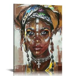 Large Canvas Prints Wall Art for Home, African Photo Oil Paintings, Modern 3D Hand Painted Colorful Indian Woman Pictures for Bedroom, Ready to Hang 16 * 20inch