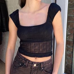 Women's Tanks Gaono Textured Mesh Sheer Square Neck T-Shirts Women Sleeveless Crop Tops Vest Summer Backless Slim Fit Tank Streetwear