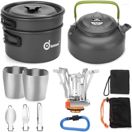 Cookware Sets Odoland 12pcs Camping Mess Kit With Mini Stove Lightweight Pot Pan Kettle 2 Cups Fork Spoon For Backpacking