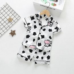 2Pcs Boys And Girls Ice Silk Satin Pajama Set Cartoon Cow Print Pyjamas Kids Short Sleeve Top And Shorts Suit Child Sleepwear 240528