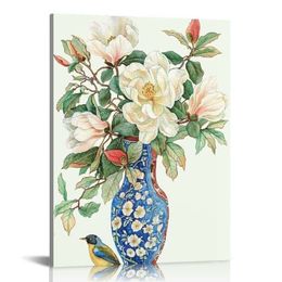 Niebieski biały styl wierzby imbir słoik akwarela chinoiserie wystrój płótna malarstwo orchid oriental wazon porcelanowy słoik kwiatowy nadruki oprawione