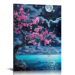 Canvas Art Wall Decor Framed Wall Art Plum Blossom Moon Ocean Art Prints Wall Decor for Bedroom Modern Wall Pictures for Bathroom Wall Decorations for Home Kitchen