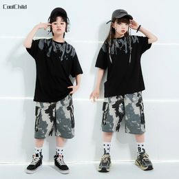 Boys Fashion T-shirt Street Dance Camouflage Cargo Shorts Girls Streetwear Kids Hip Hop Summer Clothes Sets Child Jazz Costumes 240514