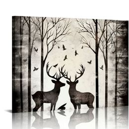 Vintage Wall Art Canvas Deer Moose Elk Bear in Wild Forest Painting Prints Animal Picture Poster Artwork for Farmhouse Cabin Lodge Decor Framed Ready To Hang