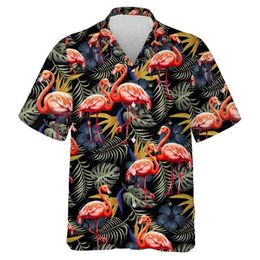 Men's Casual Shirts Hip Hop Hawaiian Flamingo 3D Printed Beach Shirts Aloha Animal Short Sleeve Vacation Women Lapel Blouse Fashion Button Y2k Tops z240528