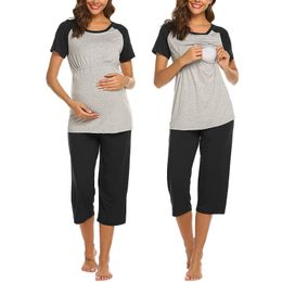 Short Sleeve Nursing Pajama Set Maternity Clothes Breastfeeding Labor Delivery Gown Pregnancy Sleepwear Maternity T-shirt Pants