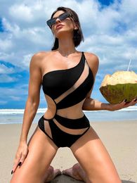 Women's Swimwear In-X Sexy One Shoulder Piece Swimsuit Mesh Patchwork Women 2024 Cutout Bathing Suit Black Bodysuit Beach Wear