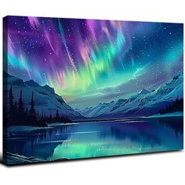 Northern Lights Canvas Wall Art Colourful Aurora Borealis Snow Mountain Lake Pictures Print Large Living Room Decor Frame