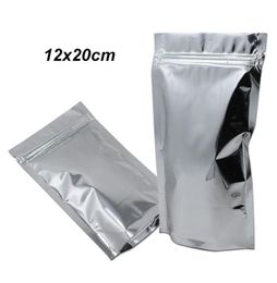 100 PCS 12x20cm Silver Stand Up Aluminum Foil Food Storage Packing Bag for Coffee Tea Powder Mylar Foil with Zipper Packing Pouche8417838