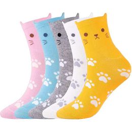 Men's Socks 5 Pairs Cartoon Animal Socks Cat Cute Women Fashion Colorful Kawaii Print Candy Color Cotton Women Crew Socks Cat Ear Paw Socks Y240528
