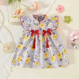 Girl's Dresses Baby GirlS Dress New Summer Beautiful Korean Version Flower Bow Cotton Fabric nese Style Qipao H240527